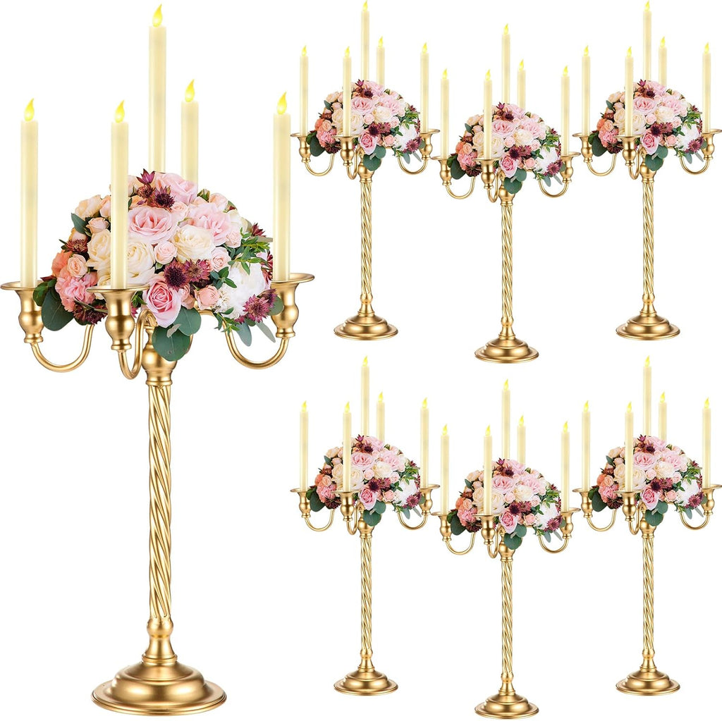 6 Pack Wedding Gold Candelabra Table Centerpieces 21 Inch Tall Candelabra Metal Candle Holder 5 Arm Taper Candlestick
