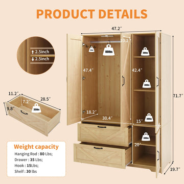 Armoire Wardrobe Closet with 3 Door, Bedroom Armoire with Mirror, LED Light, Hanging Rod, Drawers, Adjustable