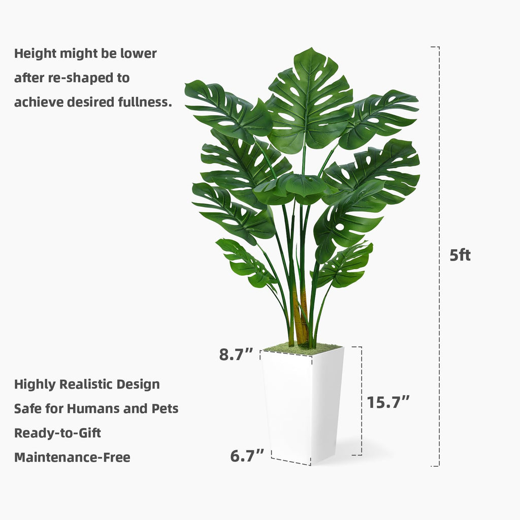 Artificial Monstera Deliciosa Plant 5FT - Faux Tropical Palm Tree with Black Tall Planter - Fake Swiss Cheese Floor