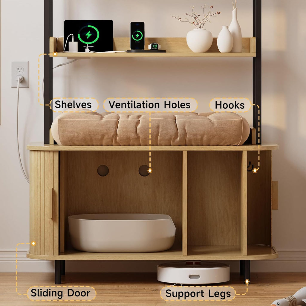 54 Inch Hidden Litter Box Furniture with Shelves and Outlets, Oak