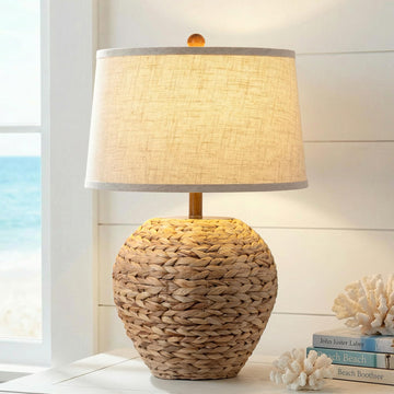 25'' Rattan Table Lamp, Coastal Boho Wicker Lamp with 3 Color Temperatures, Farmhouse Rustic Seagrass Woven Basket