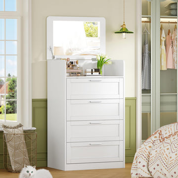 Dresser, Tall White Dresser with 4 Drawers, Dressers with Mirror, Chest of Drawers, Closet, Hallway, White