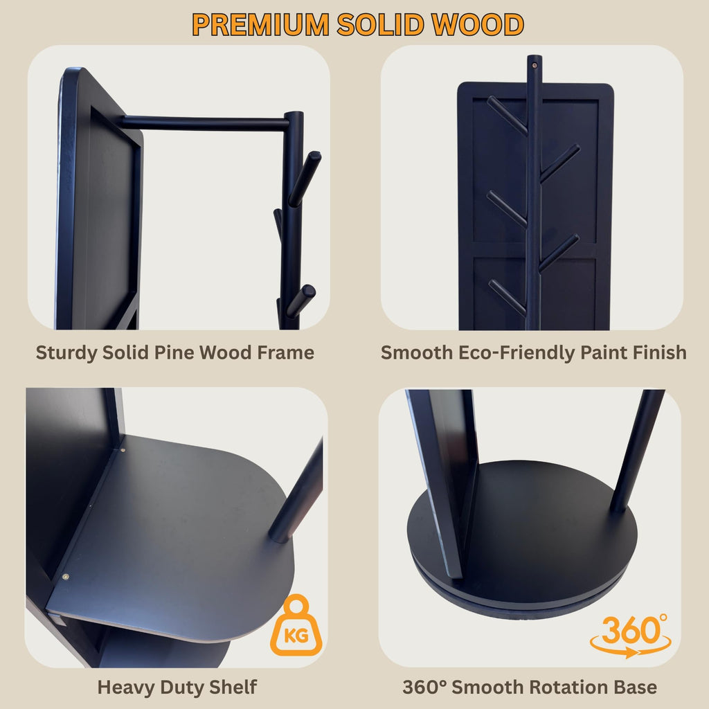 Rotating Solid Wood Full Length Mirror with Coat Rack, 65x14" Shatterproof Floor Mirror with Storage Clothes Rack