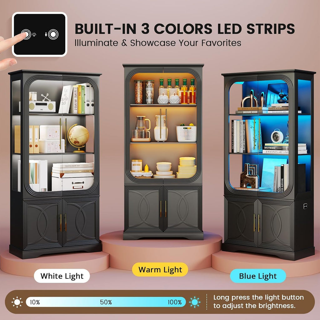 69 in Tall Display Cabinet with Glass Doors, LED Lights | 5 Tier Modern LED Display Bookcase Storage Cabinet, Human