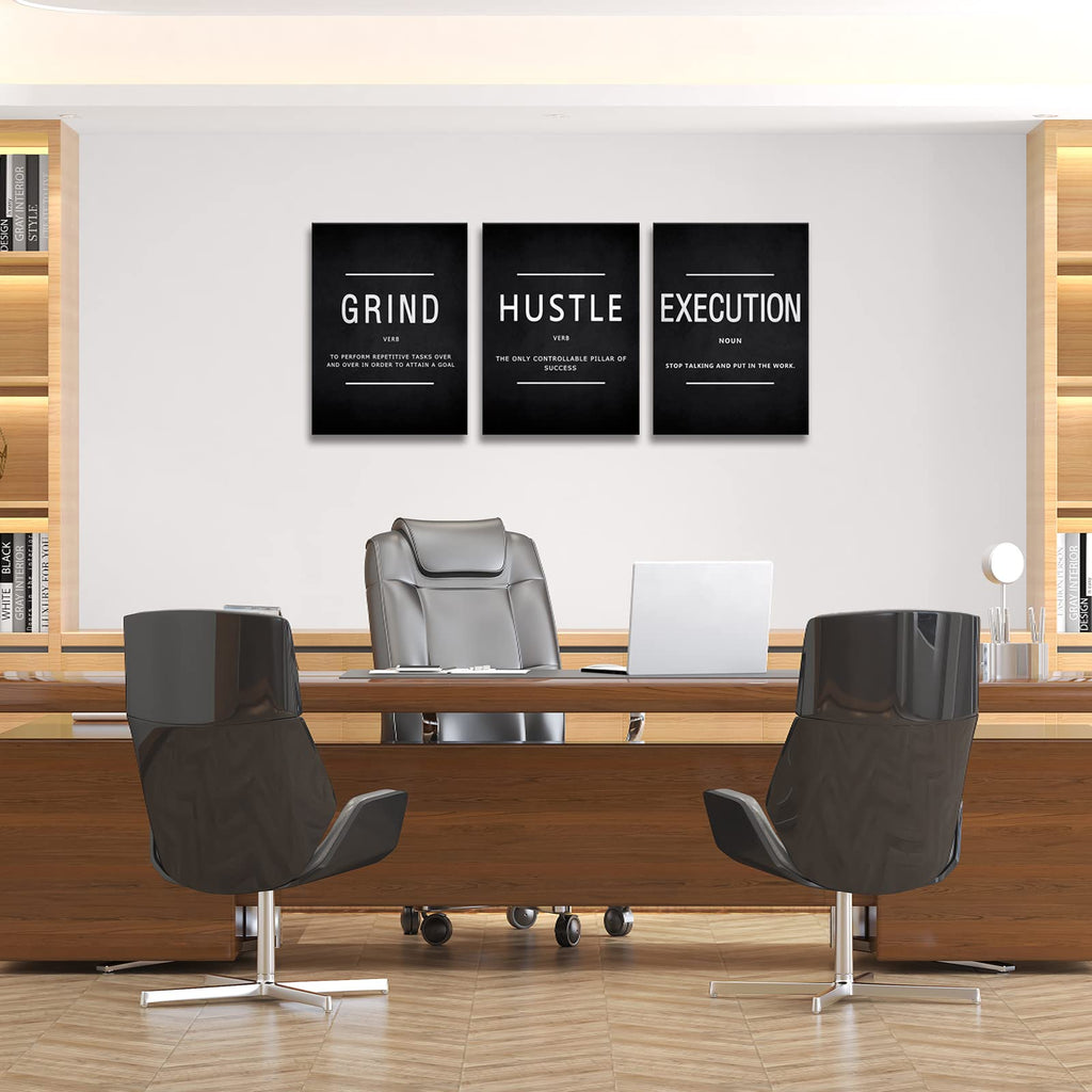 Motivational Wall Decor Grind Hustle Execution Wall Art Office Wall Decor Posters for Men 3 Pieces Framed Canvas Wall