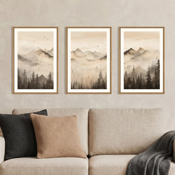 Neutral Misty Mountain Forest Framed Canvas Wall Art-16"x24"x3