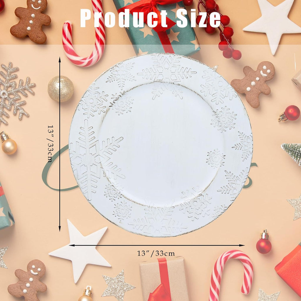 Christmas Snowflakes White Charger Plates, 13 Inch Set of 6 Chargers for Dinner Plates, Parties, Holiday Table