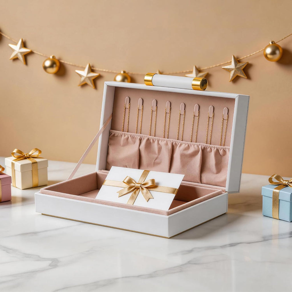 Decorative Storage Boxes with Lids Decor - Large White PU Leather Memory Box for Keepsakes, 8 Necklace Hooks - Set of 2
