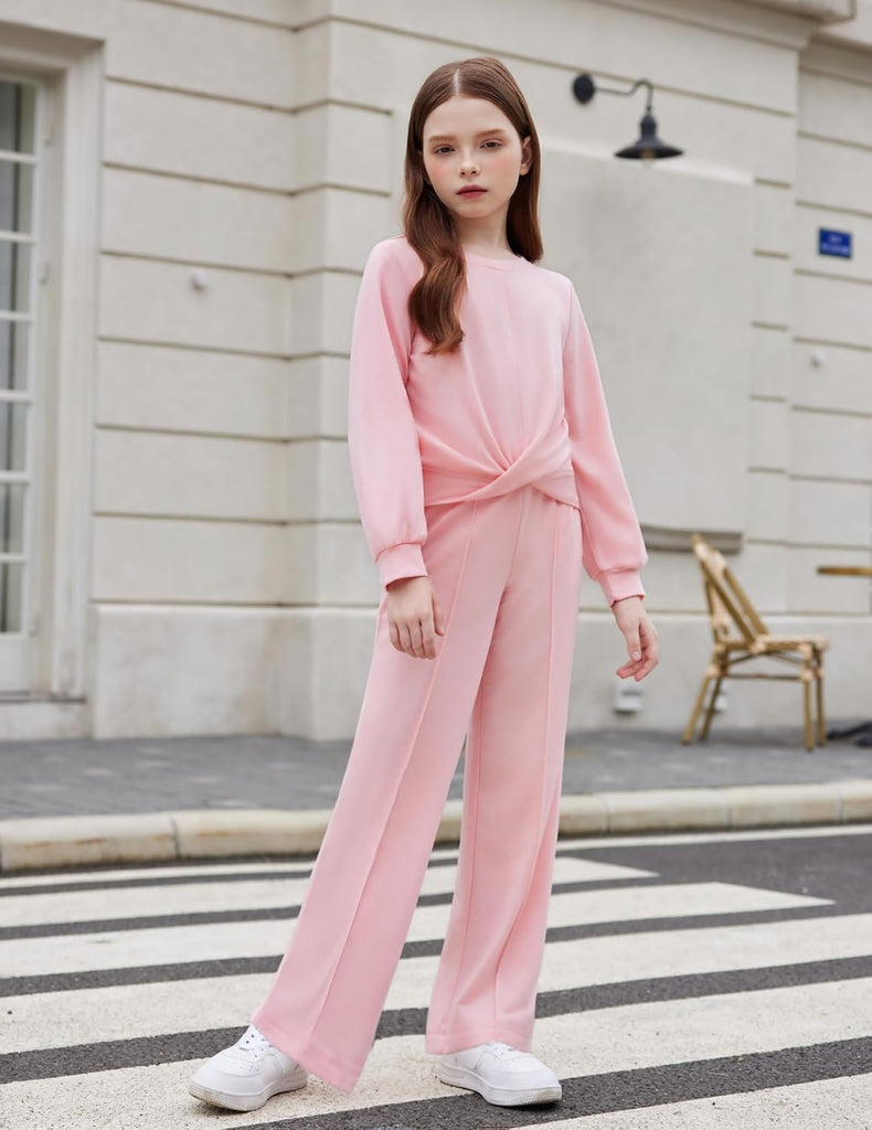 Girls 2 Piece Outfits Twist Front Sweatshirt Wide Leg Sweatpants