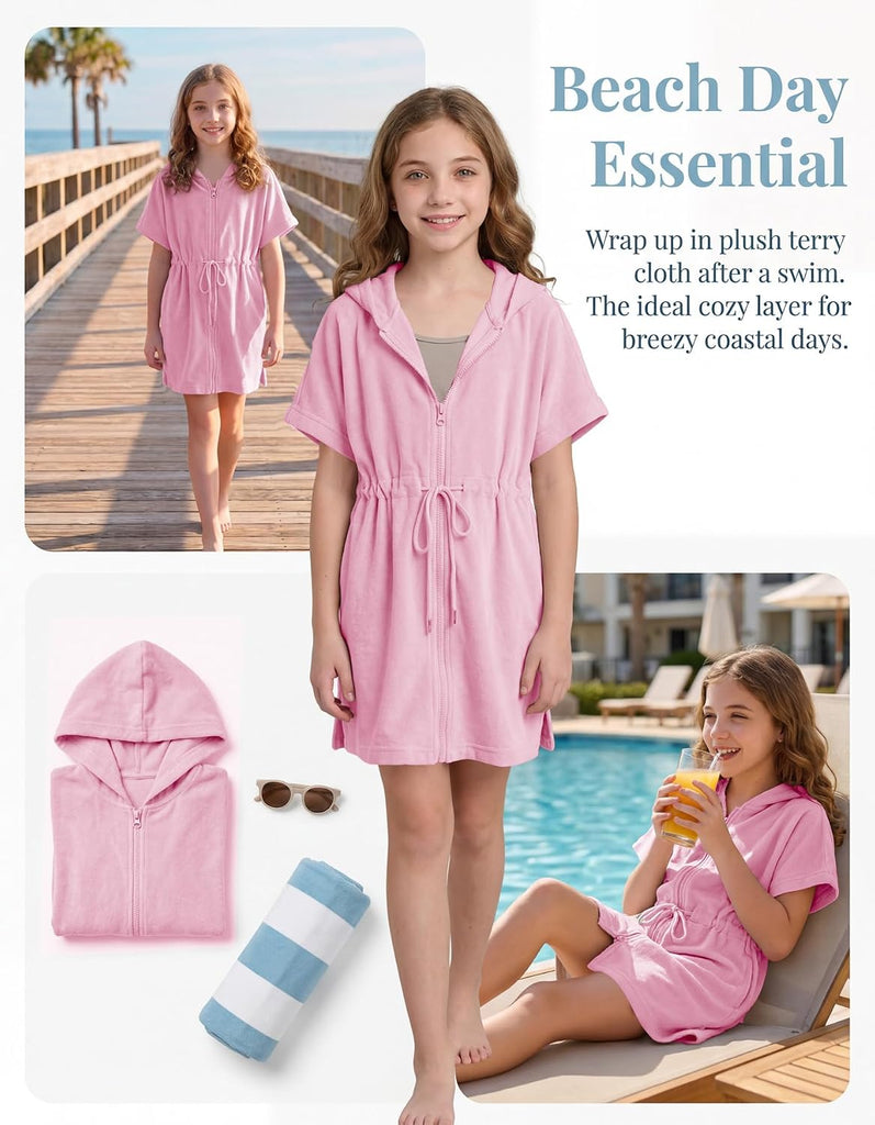 Girls Swim Terry Cloth Cover Ups Kids Swimsuit Coverup Zip-Up Beach Bathing Suit Wraps with Pockets