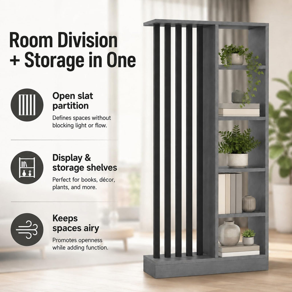 Wood Room Divider with Storage Shelves Freestanding Slat Partition