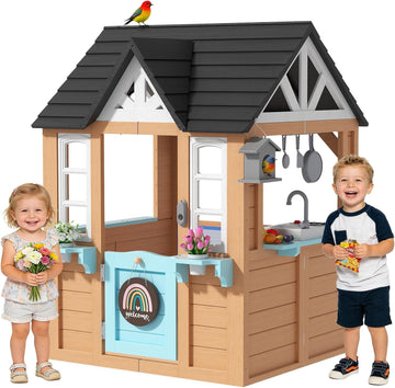 Wooden Outdoor Playhouse for Kids with Pretend Play Ages 3-8 | For Kids, Create Backyard Pretend Play with Kitchen