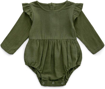 Baby Girl Romper, Cotton Linen Long Sleeve Solid Color, 0