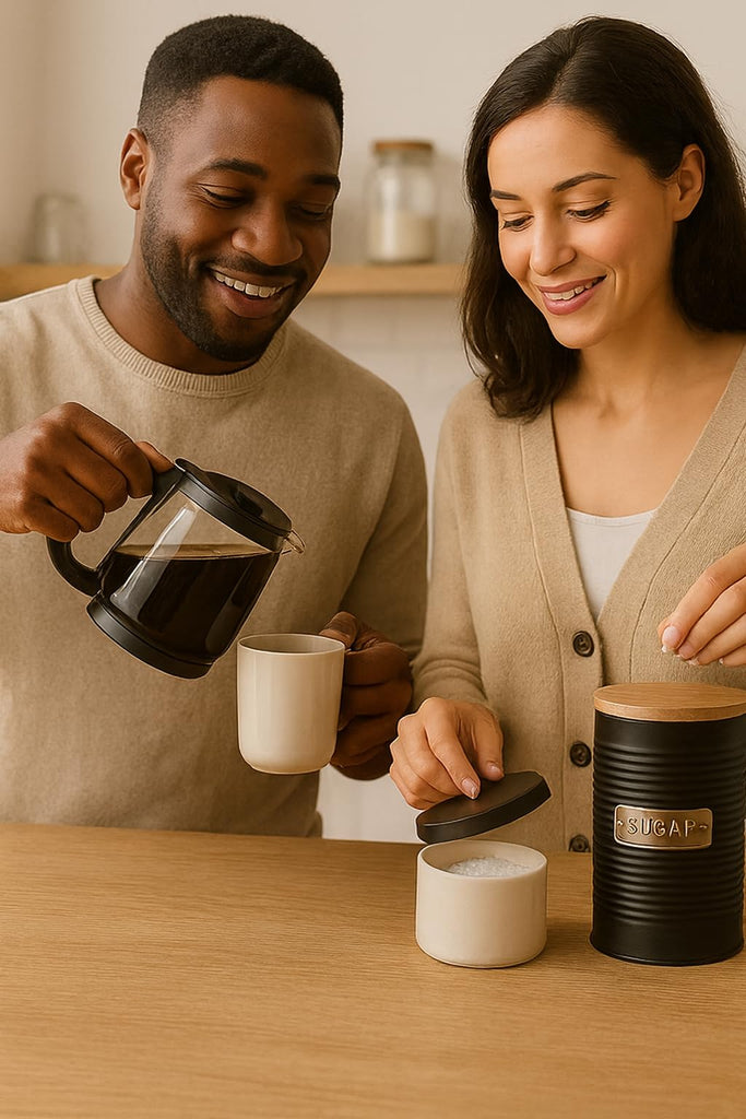 Black Metal Canisters with Wooden Lids - Set of 4 Airtight Storage Tins for Coffee, Tea, Sugar & More - Modern Ribbed