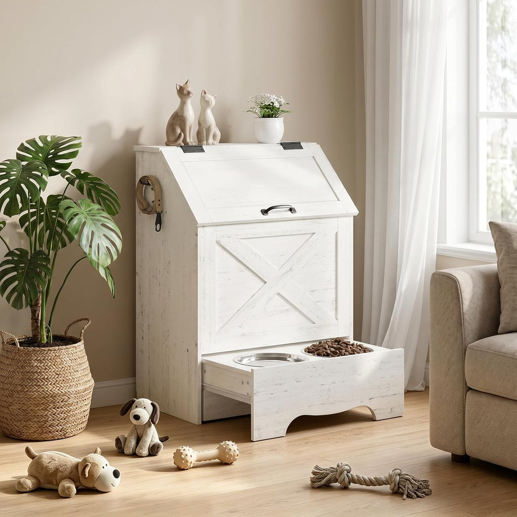 Dog Feeding Station with Sliding Drawer and 2 Hidden Bowls, Pet Feeding Station with Flip-Up Door, Dog Food Storage