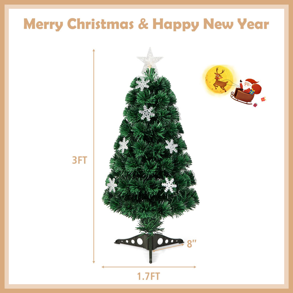 3ft Pre-Lit Fiber Optic Christmas Tree for Tabletop, Small Mini Artificial Xmas Full Tree with Colorful Snowflake LED