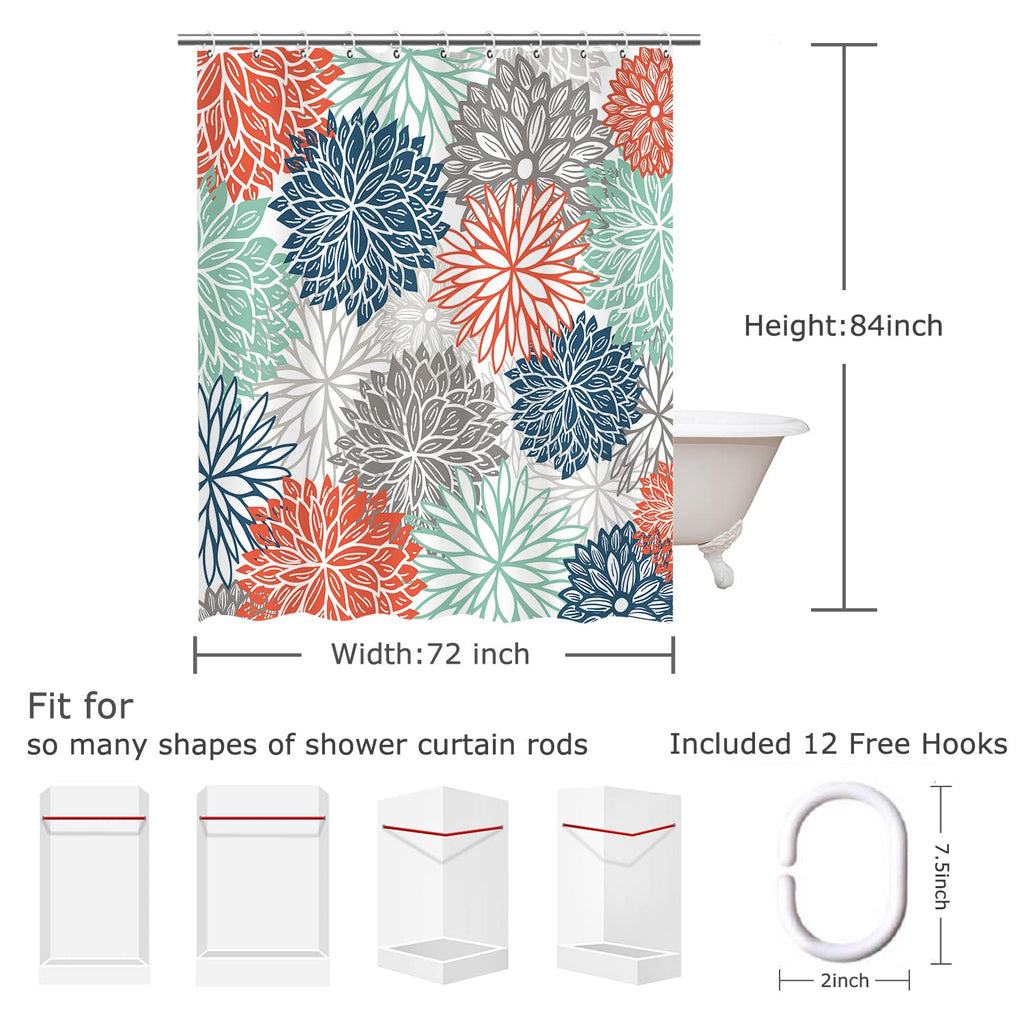 Floral Shower Curtain Dahlia Shower Curtains Set with 12 Hooks Flower Shower Curtains Teal and Gray Blue Green Shower