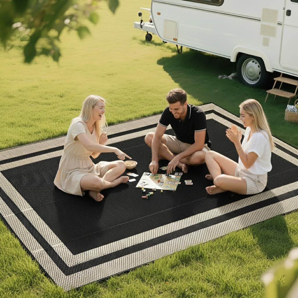 Outdoor Rugs Waterproof s Clearance,Large Plastic Straw Mats for Backyard,Porch,Deck,Balcony,Black&Beige