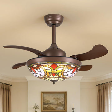 36 inch Tiffany Stained Glass Ceiling Fan,Retro Chandelier Fan with Glass Shade, Farmhouse Invisible Retractable