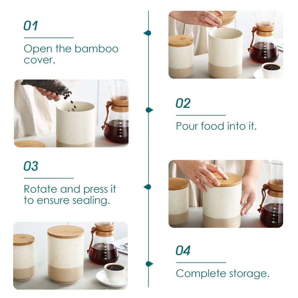 Sabine Large Ceramic Canister with Airtight Wood Lid - 74 oz Kitchen Food Storage Jar for Flour, Sugar, Coffee, Tea &