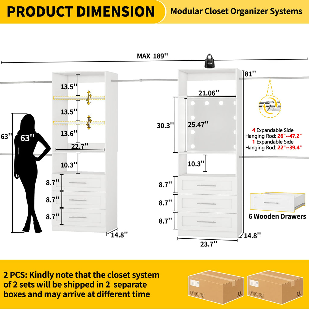 Closet System with 6 Drawers & Mirror, 4-12FT Closet Organizer System with 6 Shelves, 5 Hanging Rods & Light, Modular