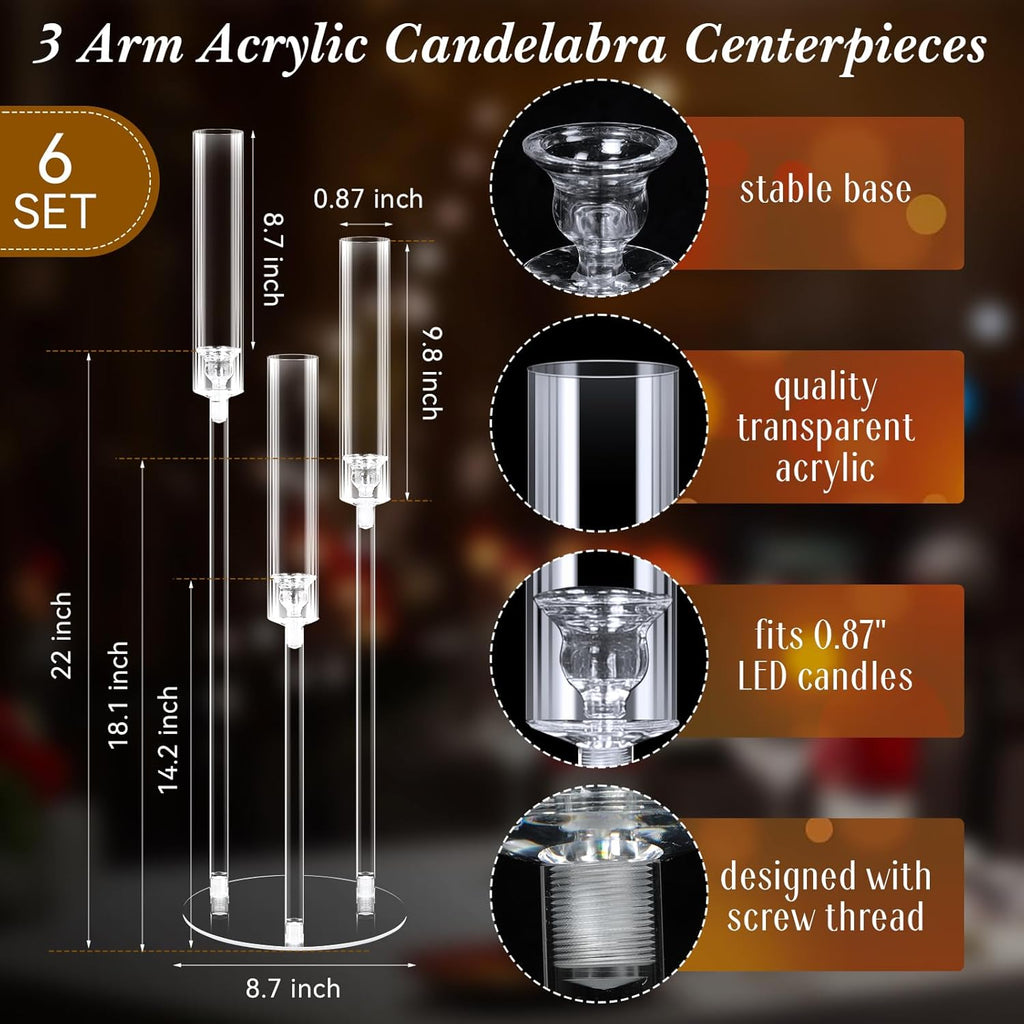6 Set Wedding 3 Arm Acrylic Candelabra Table Centerpiece 30.7" Clear Tall Floor Candle Holder with Shade Pillar Taper