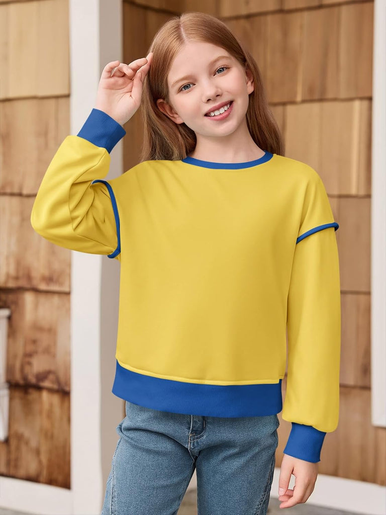 Girls Casual Crewneck Sweatshirts Long Sleeve Color Block Loose Fit Fall Cute Pullover Tops