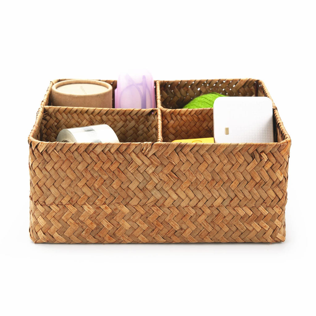Woven Seagrass Storage Basket with 4 Divided Sections, Wicker Basket Bin Box Organizer for