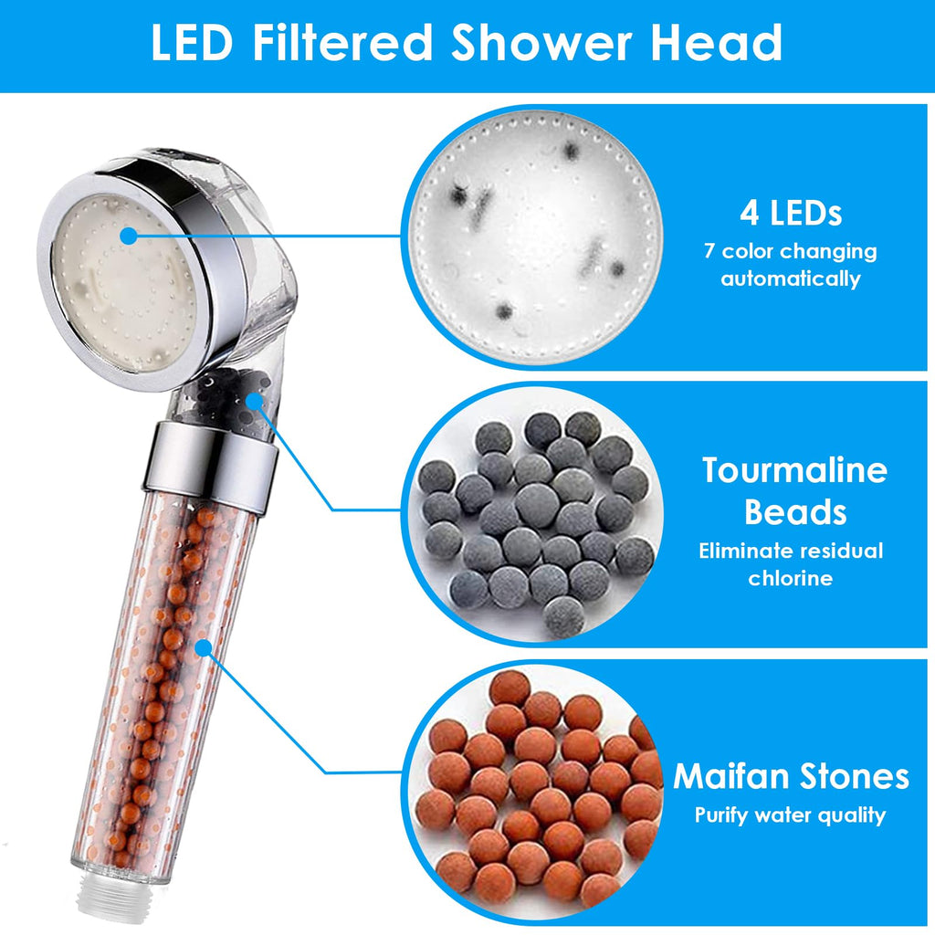 LED Handheld Shower Head Set with Filtration, Automatic 7-color Changing Shower Head Kit, High Pressure Handheld