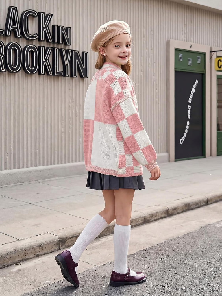 Girls Checkered Cardigan Sweater Open Front Knit Sweaters