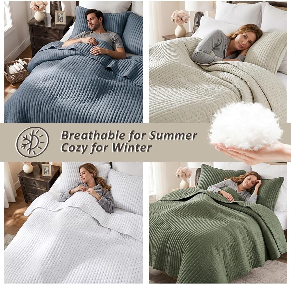 Blue Cross Stitch King Quilt Set, Striped Lightweight Soft Bedspread, Channel Farmhouse Rustic Coverlet, All Season