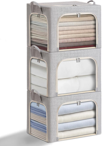 3-Side Zippered Openings Clothes Storage Bins with Thick Metal Frame, Stackable & Foldable Clothing Storage Bins with