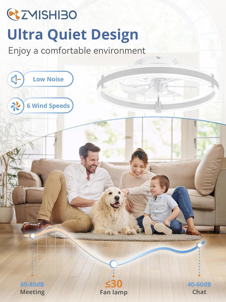 Ceiling Fans with Lights and Remote, 19.7'' Low Profile Ceiling Fan, 3000-6000K Dimmable Modern Flush Mount LED Fan Light, 6 Wind Speeds, White Fandelier Ceiling Fans for Bedroom A101-B0DBHC6FNR
