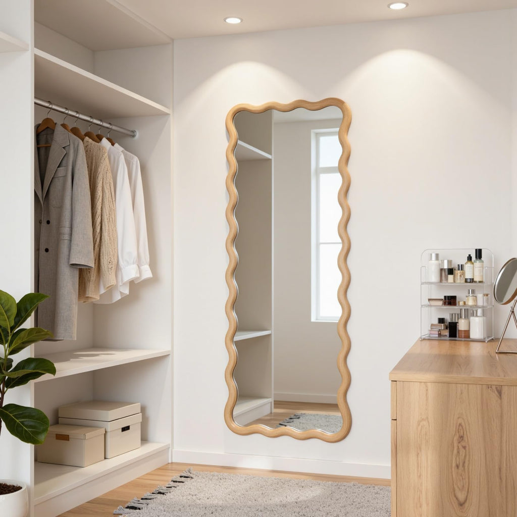 20"x63" Solid Wood Floor Mirror Long Rectangle Scalloped Full Length Mirror