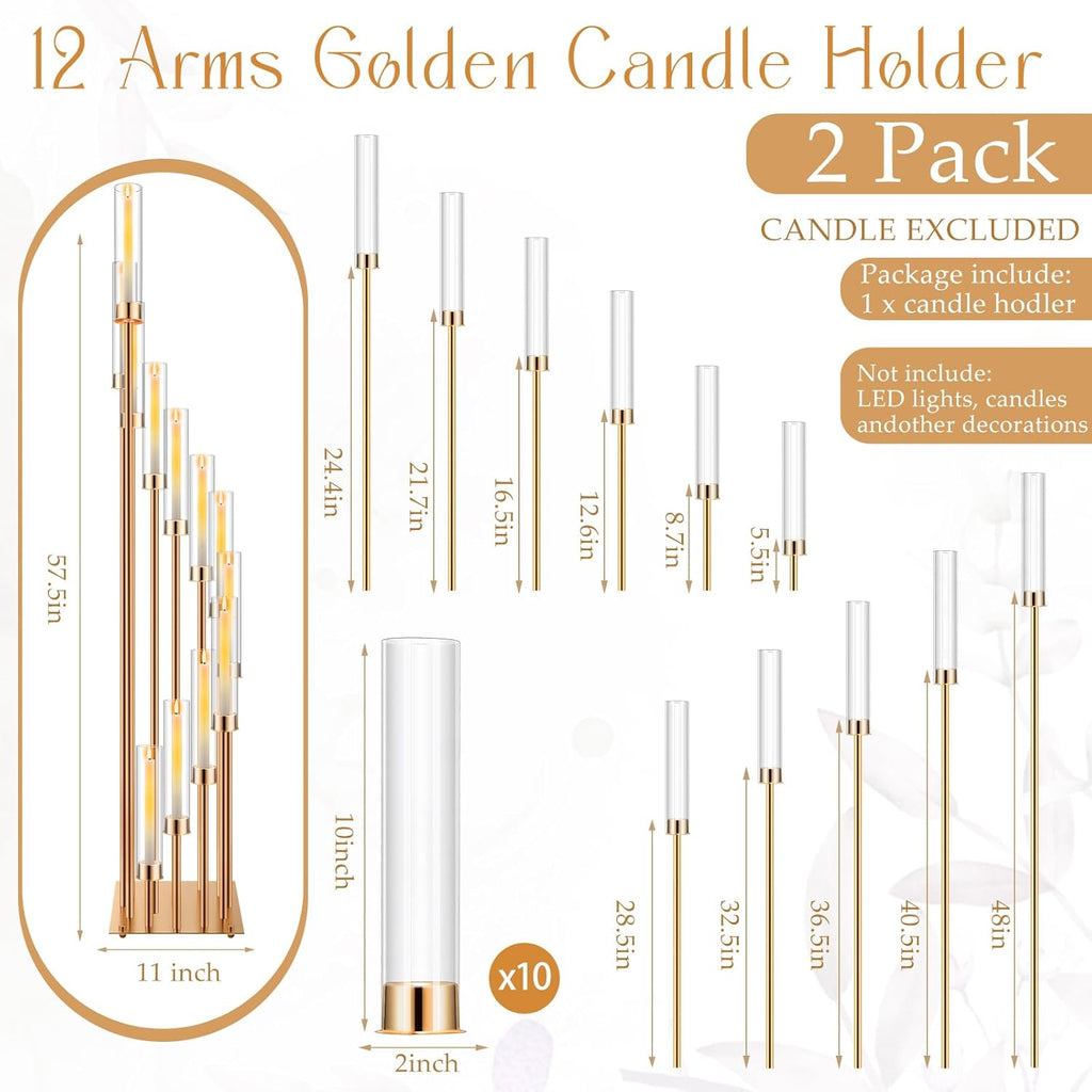 2 Pcs 12 Arm Wedding Candelabras Candle Holder 57.5 Inch Tall Cluster Centerpieces Floor Candelabra Standing with