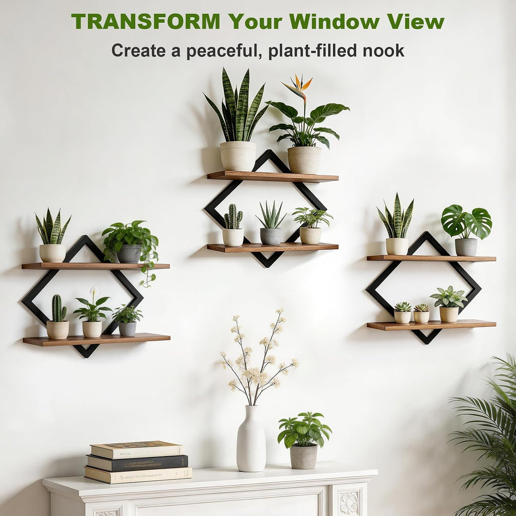 Set of 3 Floating Wall Shelves for Plants, Brown | Wall Planters for Indoor Plants, Wall Plant Holder, Plant Stand