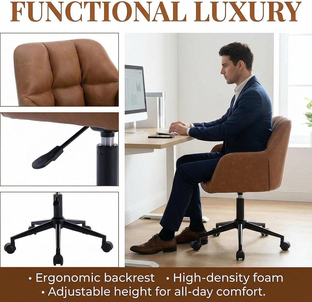 Brown Home Office Desk Chair with Wheels Faux Leather Swivel Desk Chair Upholstered Adjustable Task Armchair for