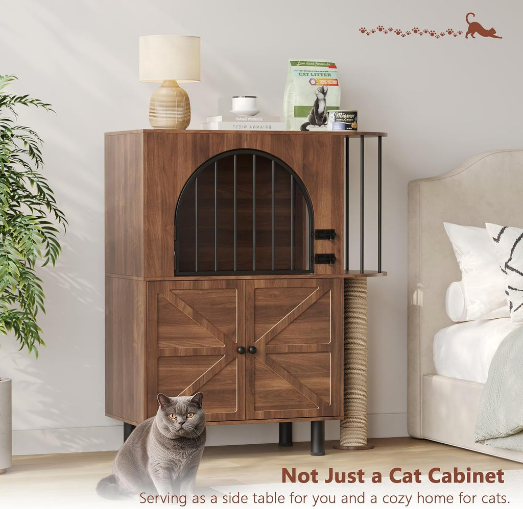 Dog Proof Cat Feeding Station with Scratching Post, Elevated Bowls (Walnut)