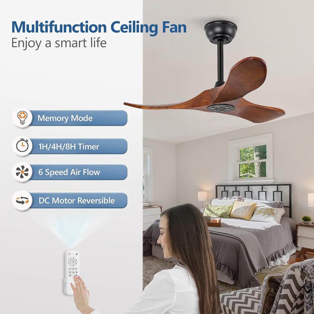 Inspired Maverick Style 36 Inch Solid Wood Ceiling Fan with Remote,Ceiling Fan no Light,6 Speeds,Noiseless,Reversible DC Motor,Modern Ceiling Fans without Lights for Living Room Bedroom Farmhouse,Patios A101-B0DFTPFKSH