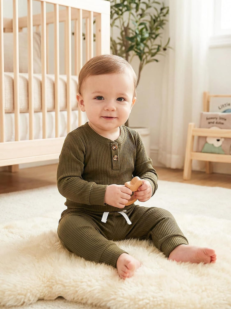 Newborn Baby Boy Girl Clothes Infant Ribbed Romper Cotton Long Sleeve Pant Sets for 0~ Infant