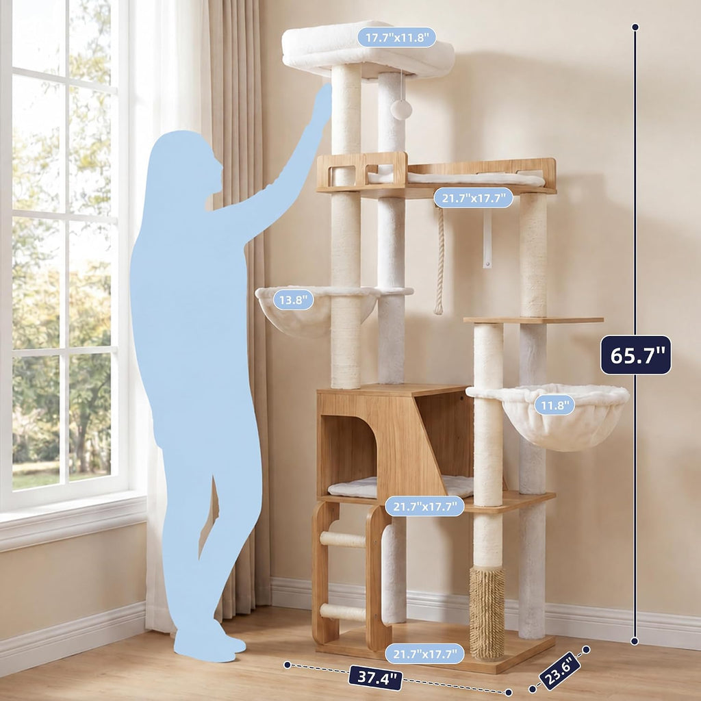 Wooden Cat Tree Tower with Large Condos, 2 Platforms