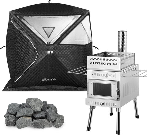 WillowyBe Portale Outdoor Sauna Set with Tent, Dry Sauna Wood Stove, Driftwood-infused Cooking for Friends