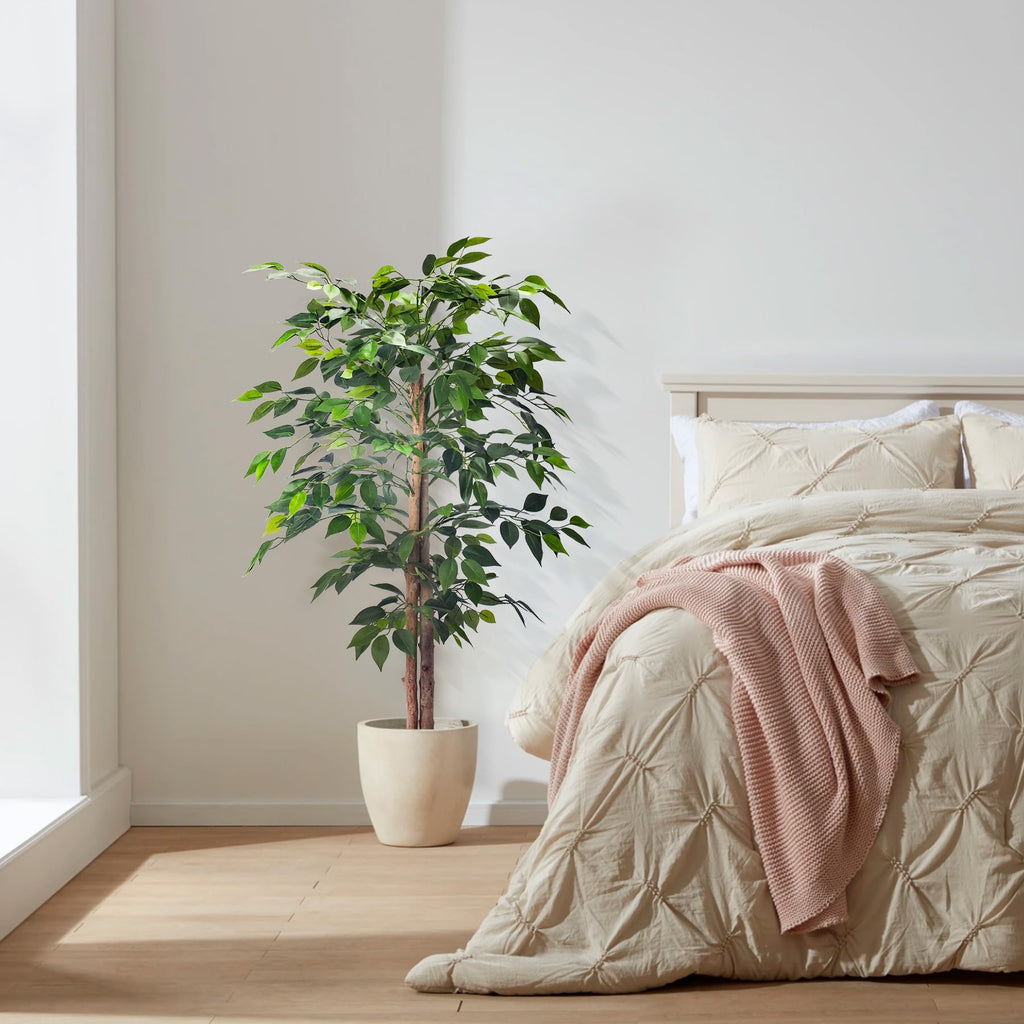 2Packs 4FT Artificial Ficus Trees with Realistic Leaves and Natural Trunk, Faux Ficus Tree with Sturdy Plastic