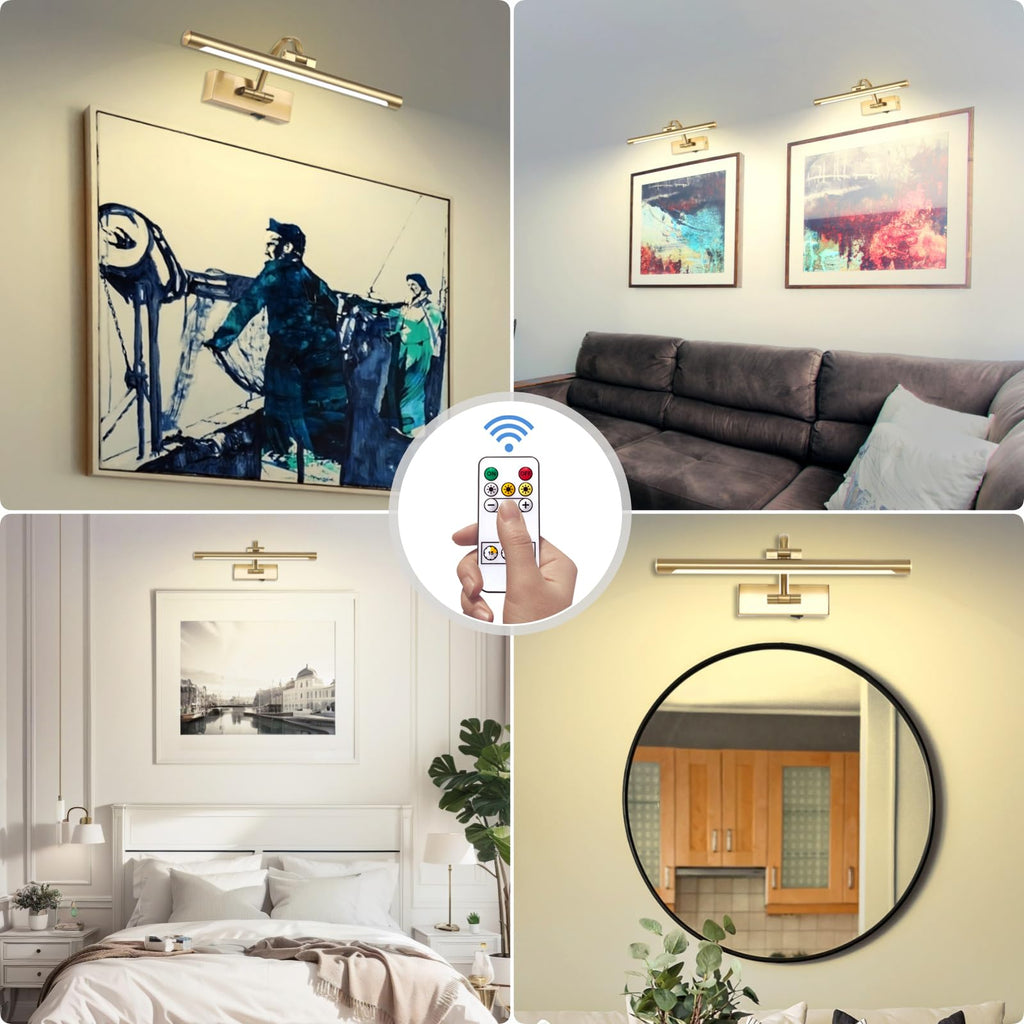 Wireless Picture Lights for Wall Rechargeable, Battery Operated Art Light for Paintings, 3CCT Dimmable, 15.7" Brass