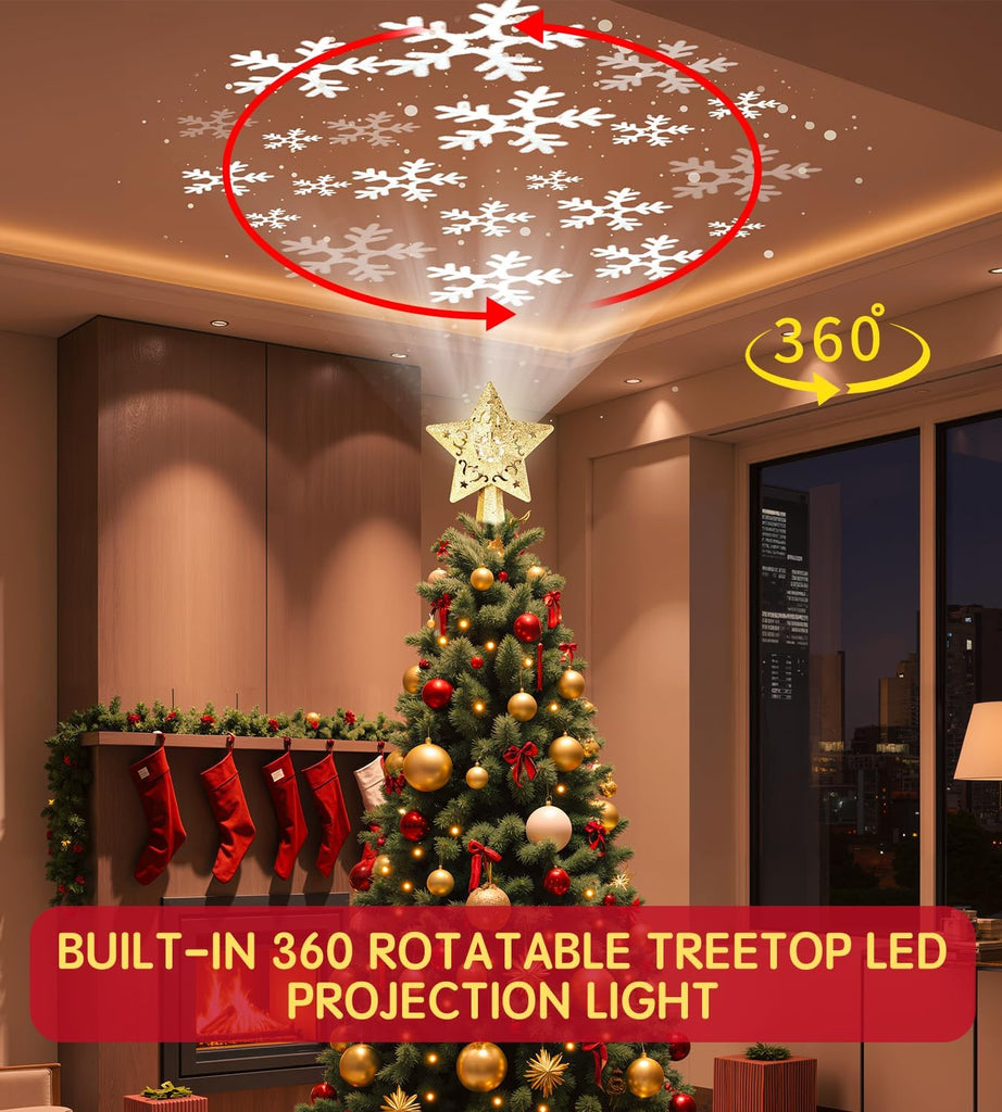 Christmas Tree Star Topper, Built-in Led 360° Rotating Snowflake Projector Pentagram Plug in Christmas Tree Ornament
