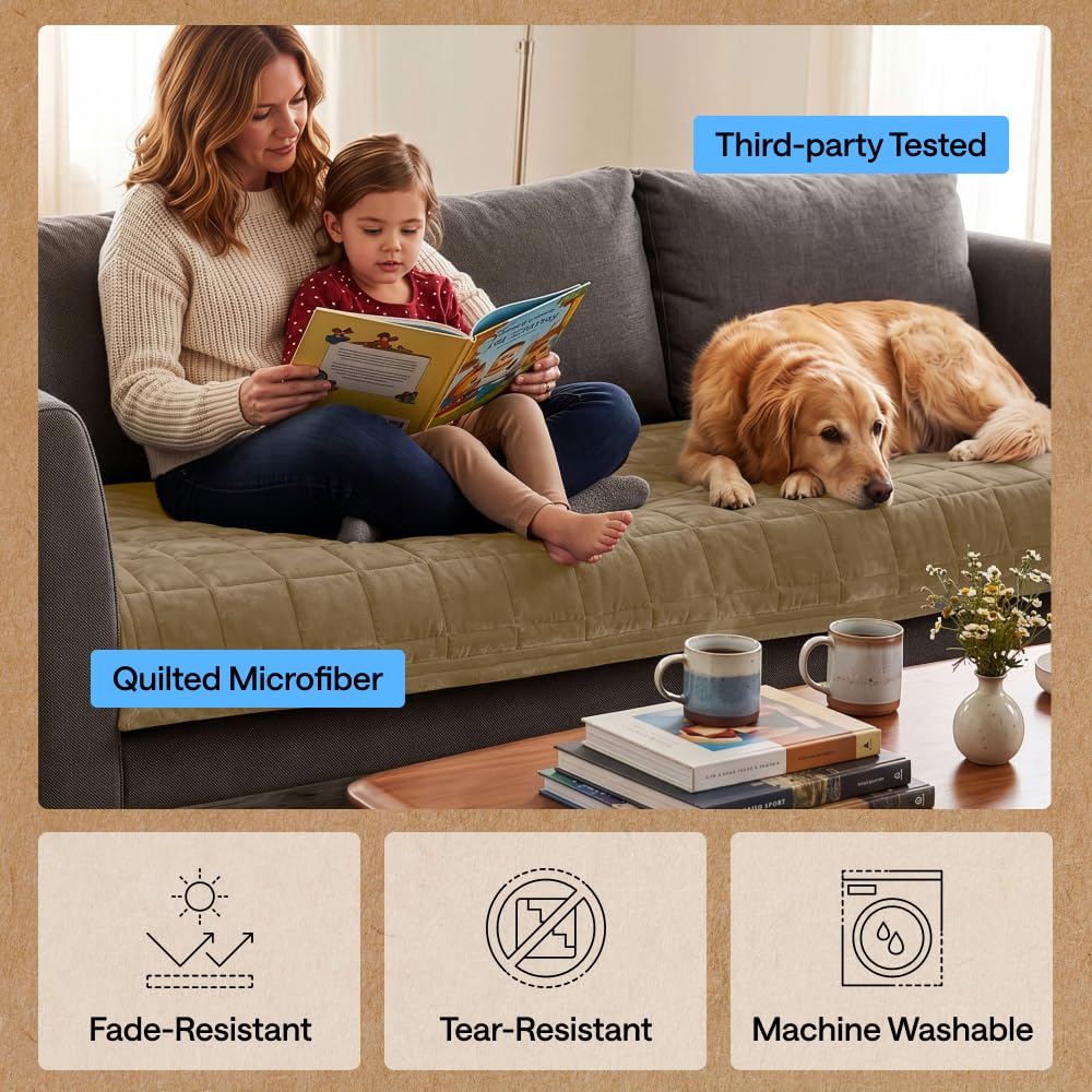 Slip and Leak Resistant Plush Loveseat Cover, Beige