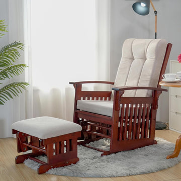 Glider Rocking Chair for the Nursery with Ottoman, 3A Solid Rubberwood Frame, Smooth-Gliding Rocking Chair Easy to