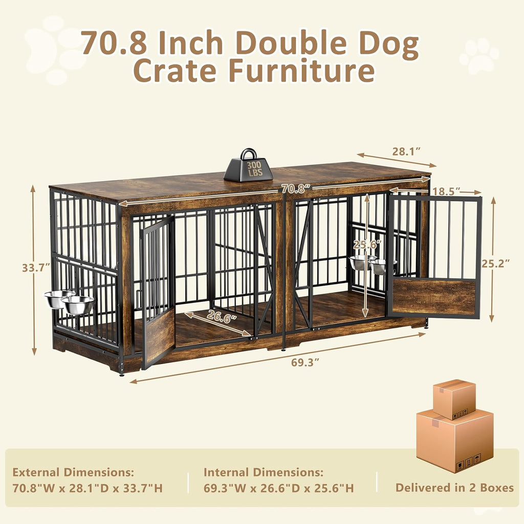 71 Inch Double Dog Crates Furniture for Large Dogs, Heavy Duty Dog Kennel Indoor with Adjustable Divider and 4 Bowls