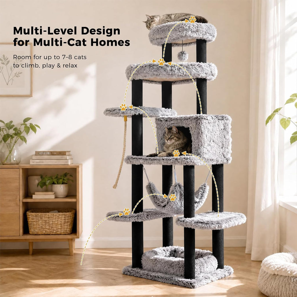 73in Heavy Duty Cat Tree Tower for Large Cats, Soft Long Plush