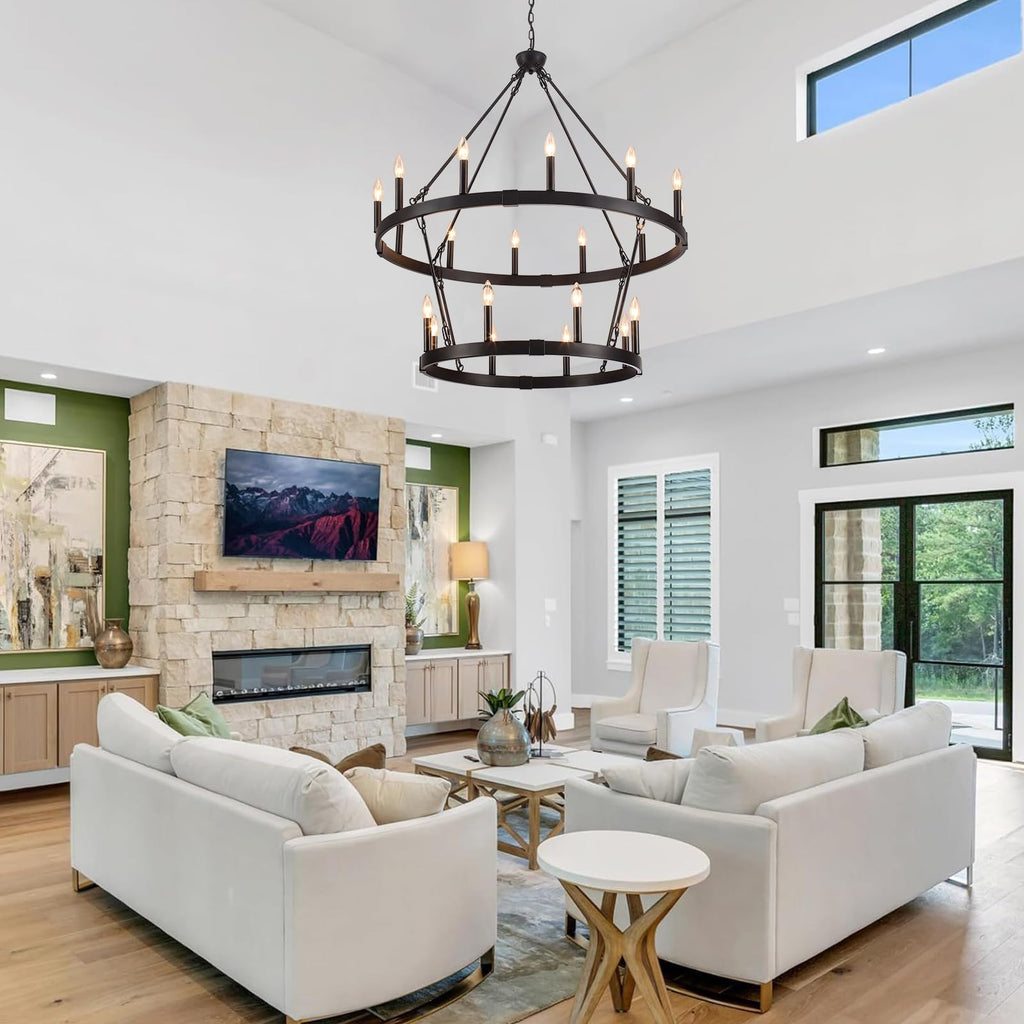 Inspired Camino Style Chandelier - Two Tier Wagon Wheel, 20-Light Black Farmhouse Chandelier W38" x H41"